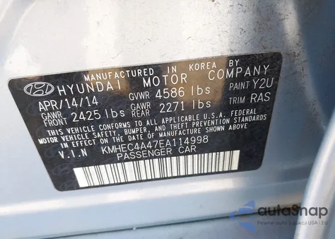 2014 Hyundai Sonata Hybrid from USA, damaged, VIN KMHEC4A47EA114998